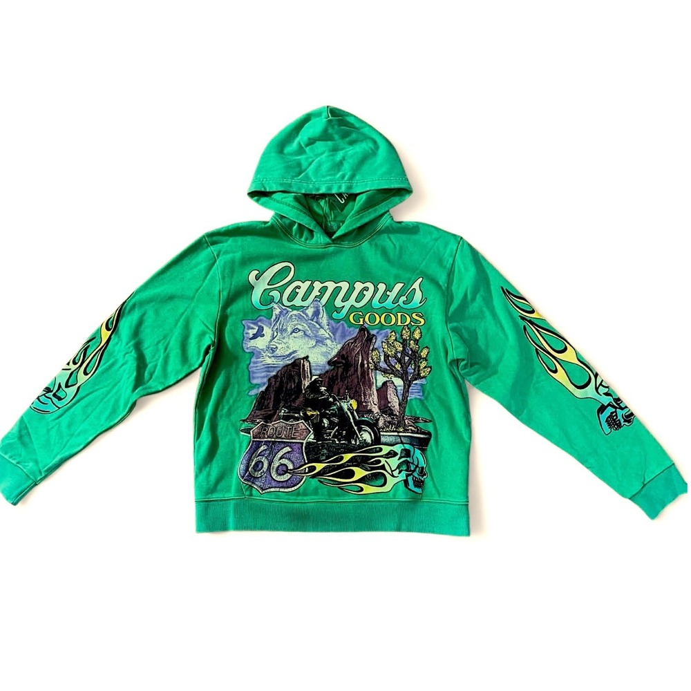 Campus Goods Mens L SunFade Green Route 66 Wolf Motorcycle Skull Graphic Hoodie
